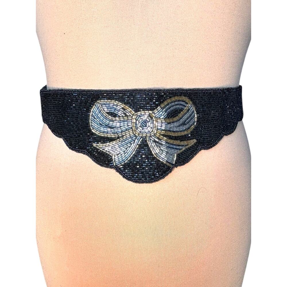 Vintage Black Beaded Bow Waist Belt Art Deco Glam Stretch Belt Handmade Coquette